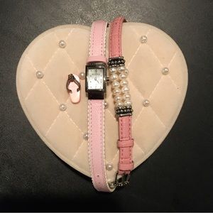 Pink leather mother pearl watch bracelet flip flop slipper pendant + heart box